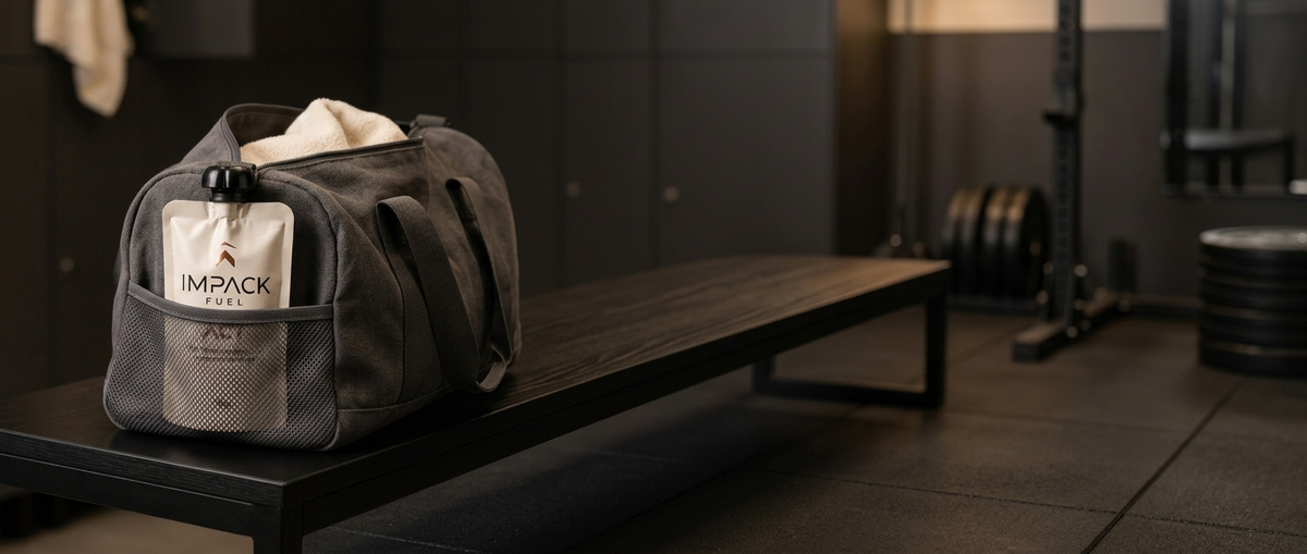 IMPACK FUEL pouch'u, kapağı ve marka adı görünür şekilde bir spor çantasının ön cebinde.